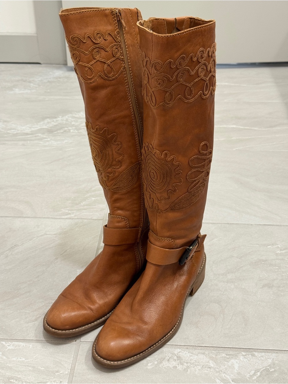 Apepazza Cognac Embroidered Over-the-Knee Leather Boots Western Cowgirl Festival